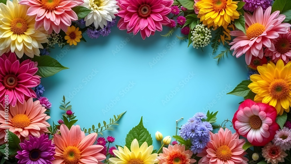 Bright and vibrant frame made of colorful gerbera daisies ideal for creative designs, invitations, or decorative purposes. Copy space Bright and vibrant frame made of colorful gerbera daisies ideal for creative designs, invitations, or decorative purposes. Copy space