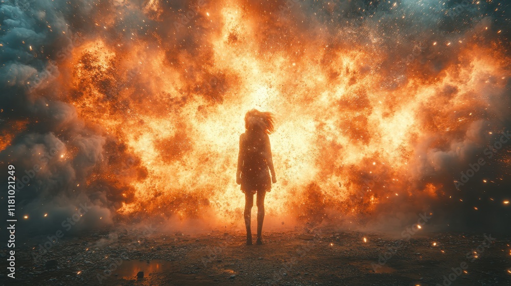 Fototapeta premium Silhouette of Woman Against Large Explosion in Dramatic Scene