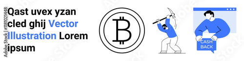 Bitcoin symbol, person mining cryptocurrency, and individual receiving cashback. Ideal for finance apps, educational content, fintech blogs, digital wallet promotions, cryptocurrency tutorials
