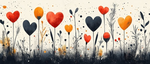 Wallpaper Mural Hand-Drawn Decorative Patterns with Hearts and Flowers in Vibrant Colors Torontodigital.ca