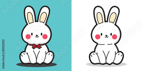 Cute cartoon rabbit doll for coloring book or element design with isolated white background