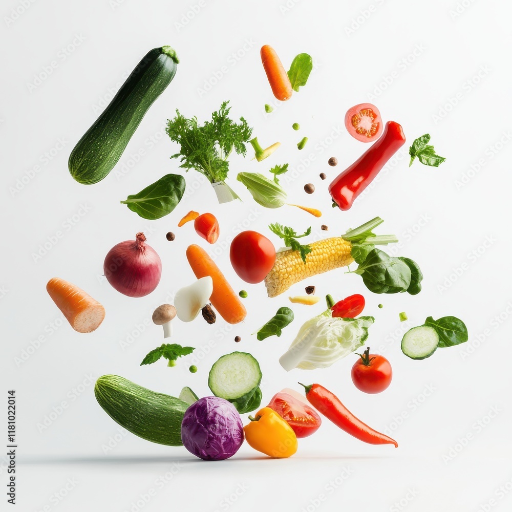 Vibrant Assortment of Fresh Vegetables Floating in Mid-Air Against a Light Background for Healthy Eating and Culinary Inspiration Vibrant Assortment of Fresh Vegetables Floating in Mid-Air Against a Light Background for Healthy Eating and Culinary Inspiration