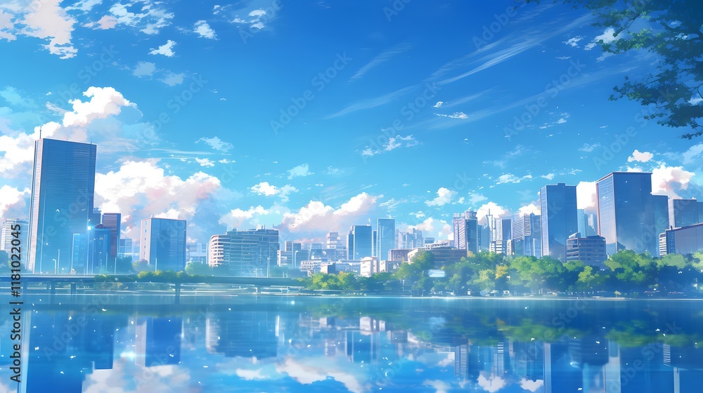Beautiful modern cityscape by a lake with blue skies and clouds in anime style Beautiful modern cityscape by a lake with blue skies and clouds in anime style