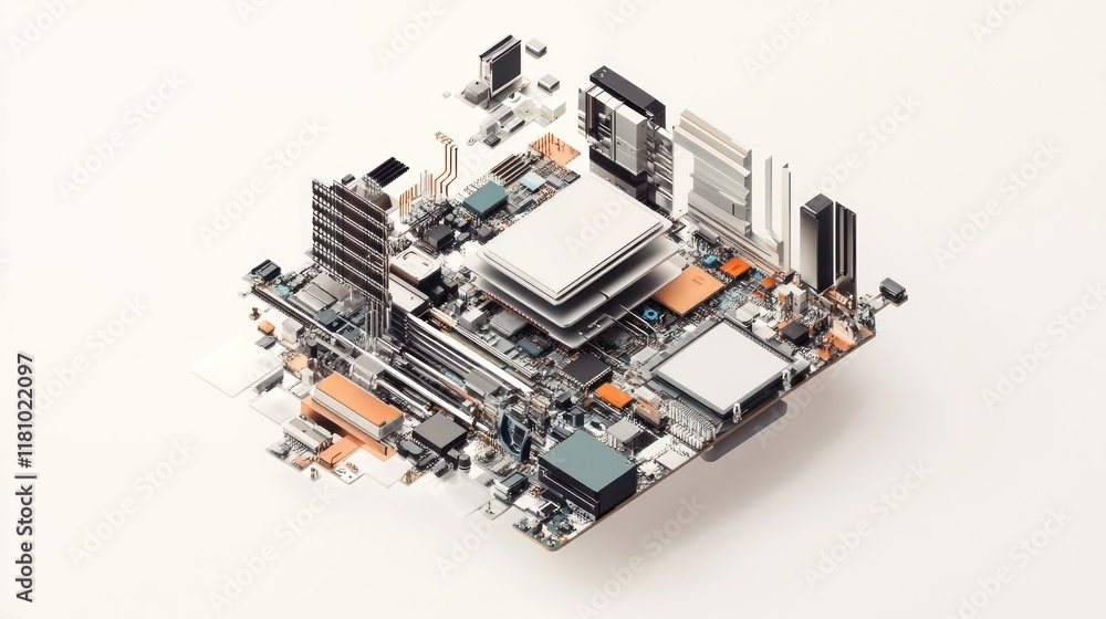 A detailed depiction of a computer motherboard with various components. A detailed depiction of a computer motherboard with various components.