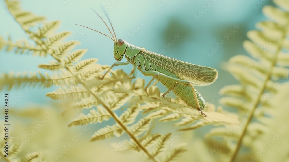A close-up of a green grasshopper resting on a fern leaf in a serene environment. A close-up of a green grasshopper resting on a fern leaf in a serene environment.