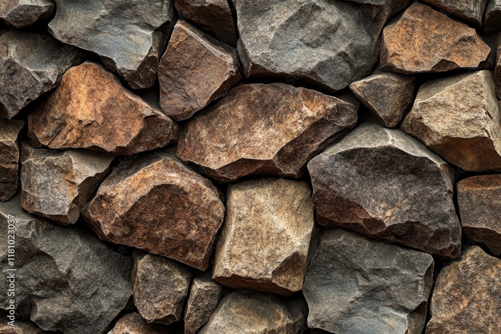 Close-up of a rustic stone wall with varying shades of brown and gray rocks. Close-up of a rustic stone wall with varying shades of brown and gray rocks.
