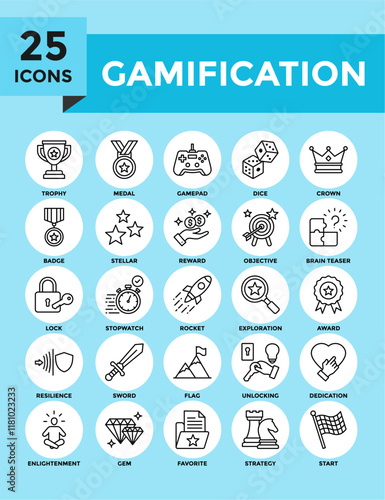 Gamification icon collection set. Containing design technology, gamification, education, strategy	