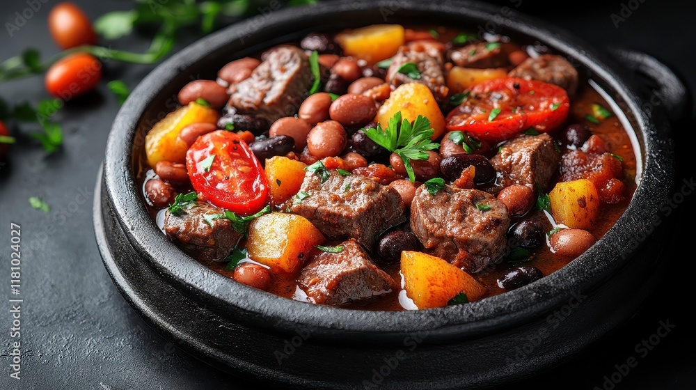 Hearty beef stew with potatoes, beans, and tomatoes in a rustic bowl. Hearty beef stew with potatoes, beans, and tomatoes in a rustic bowl.