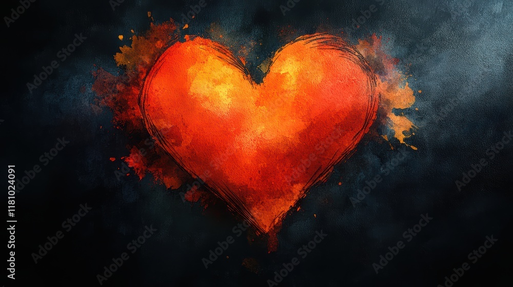 Vibrant Red Heart on Black Background in Watercolor Style Vibrant Red Heart on Black Background in Watercolor Style