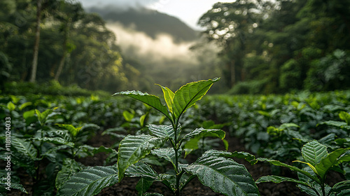 Lush green coffee plant in a vibrant plantation with misty mountains in the background.