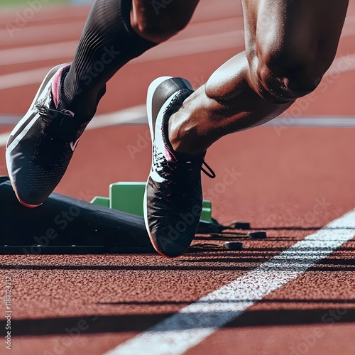 A photo of a sprinter taking off from the starting block on a sunny track.