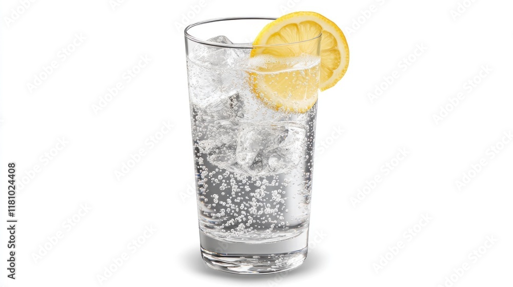 A refreshing glass of sparkling water with ice and lemon slices. A refreshing glass of sparkling water with ice and lemon slices.