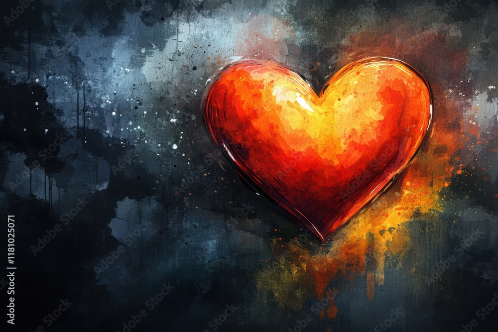 True Red Heart on Black Background in Watercolor Style True Red Heart on Black Background in Watercolor Style