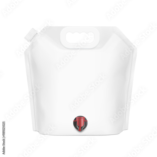 Stand up bag with butterfly tap, plastic handle for juice or wine. Vector illustration isolated on white background. Easy to use for presentation your product, idea, promo, design. EPS10.