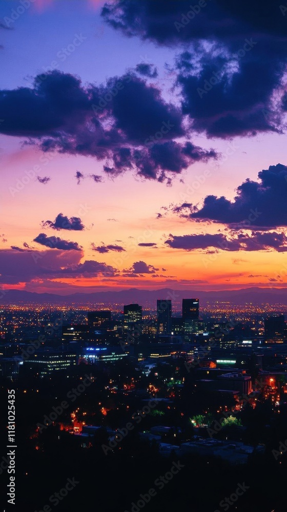 A vibrant sunset over a city skyline with colorful clouds and lights. A vibrant sunset over a city skyline with colorful clouds and lights.