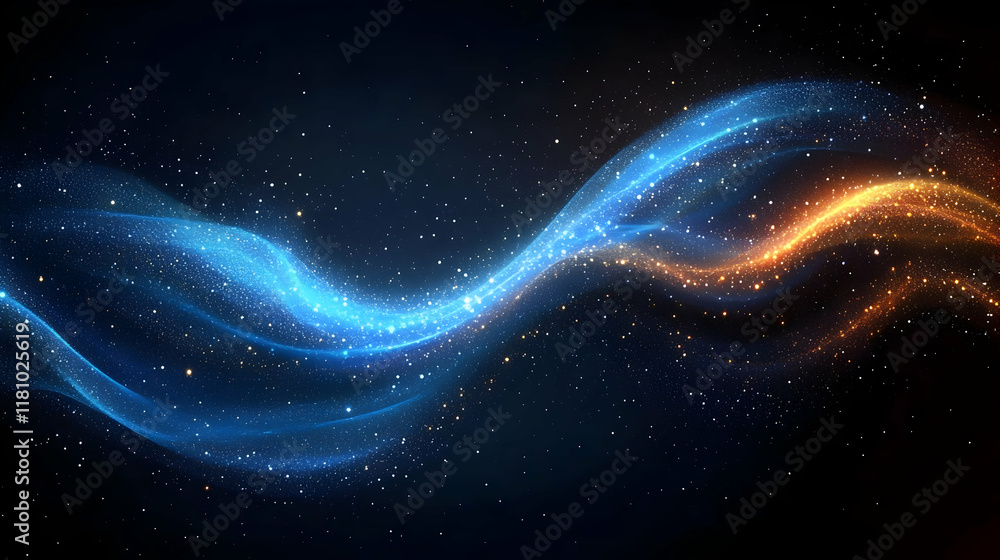 Abstract blue and orange glowing waves flow across a dark background with glittering particles. Abstract blue and orange glowing waves flow across a dark background with glittering particles.