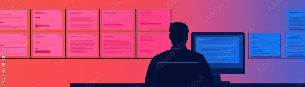 A silhouette of a person at a computer, surrounded by colorful screens displaying text, suggesting a digital workspace or brainstorming session. A silhouette of a person at a computer, surrounded by colorful screens displaying text, suggesting a digital workspace or brainstorming session.