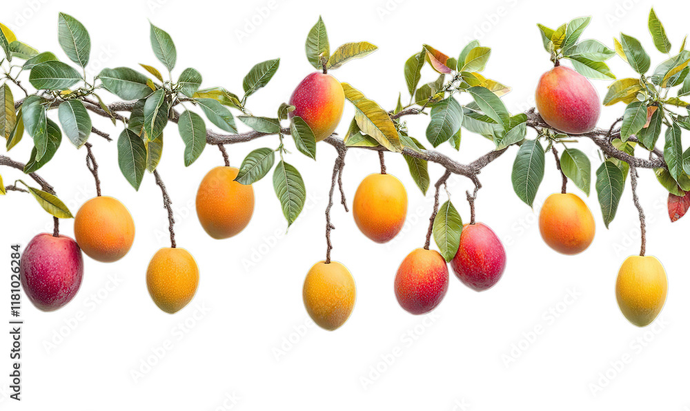 ripe mango hanging on a tree branch surrounded by green leaves ripe mango hanging on a tree branch surrounded by green leaves