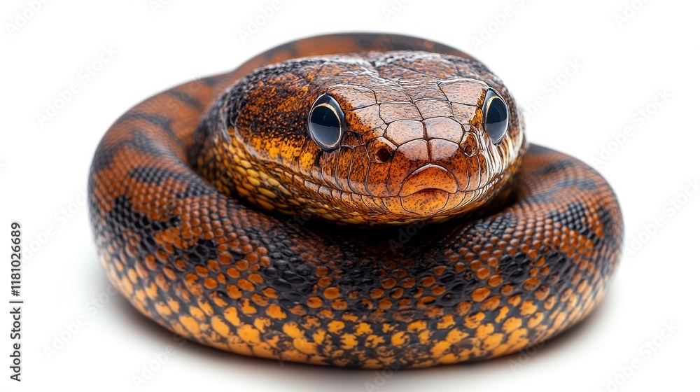 Fototapeta premium Close-up of a curled-up orange and black snake on a white background.