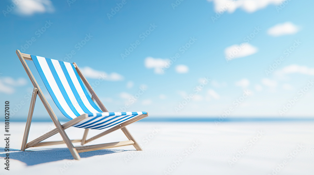 Beach chair with blue stripes on sandy shore under bright sky Beach chair with blue stripes on sandy shore under bright sky