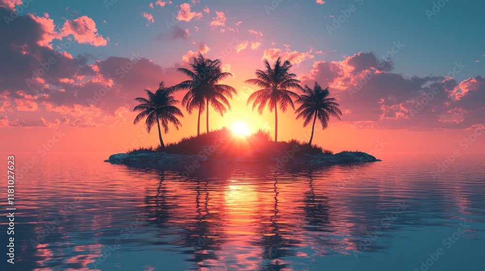 Idyllic tropical island sunset with palm trees, reflecting in calm ocean water. Idyllic tropical island sunset with palm trees, reflecting in calm ocean water.