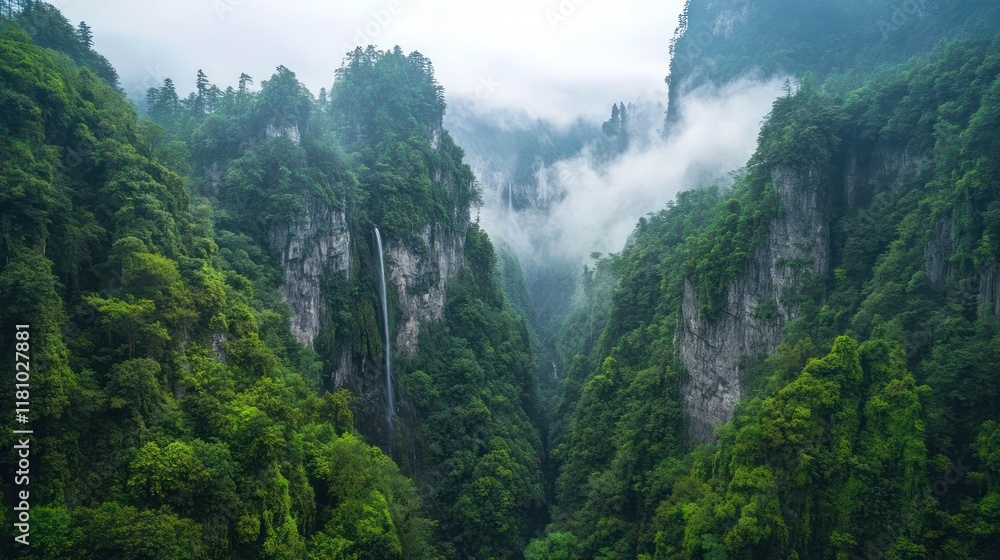Cinematic Panoramic View of Jungle Cliffs Draped in Greenery, Cascading Waterfalls, and a Misty Atmosphere Cinematic Panoramic View of Jungle Cliffs Draped in Greenery, Cascading Waterfalls, and a Misty Atmosphere
