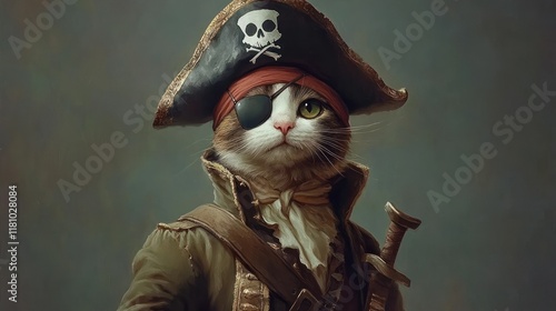 A Pirate Cat: A whimsical digital painting of a tabby cat dressed as a pirate captain, complete with a tricorn hat, eye patch, and sword.
