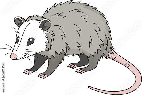 Photorealistic opossum, detailed fur texture, white face, pink nose, beady black eyes, gray body, long tail, isolated on white background, studio lighting, high resolution, wildlife photography, mamma photo