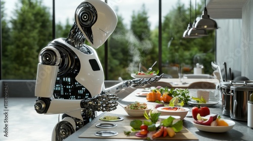 Futuristic robot chef preparing food in a modern kitchen. (1) photo