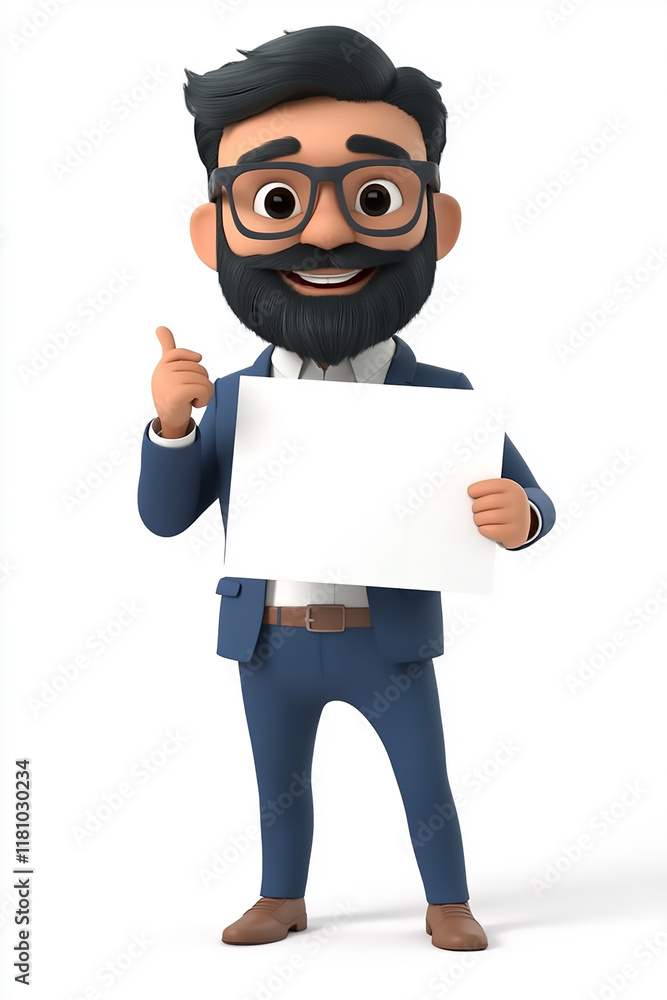 A man in a suit holding a white board with a finger pointing gesture. A man in a suit holding a white board with a finger pointing gesture.