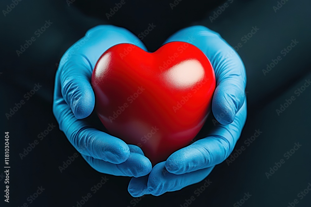 Protecting Hearts: Medical Gloves Hold Red Heart Model on Blue Background - Cardiology, Organ Donation, and Healthy Heart Concept Protecting Hearts: Medical Gloves Hold Red Heart Model on Blue Background - Cardiology, Organ Donation, and Healthy Heart Concept