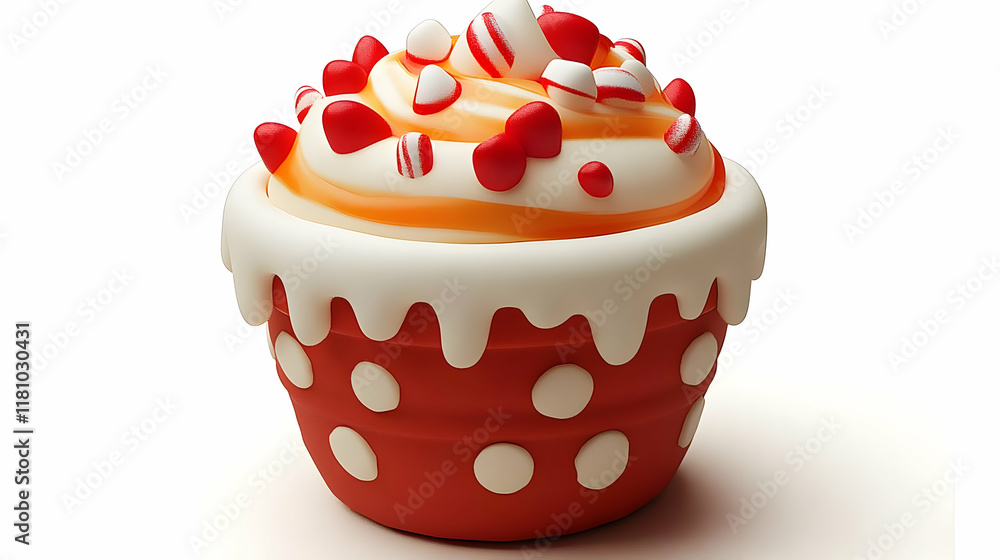 3D Illustration of Festive Cupcake with Caramel and Candy Toppings in Red and White Pot