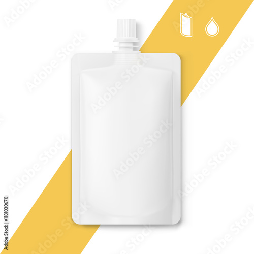 Spout pouch packaging bag mockup. Vector illustration on colour background. Front view. Can be use for template your design, presentation, promo, ad. EPS10.