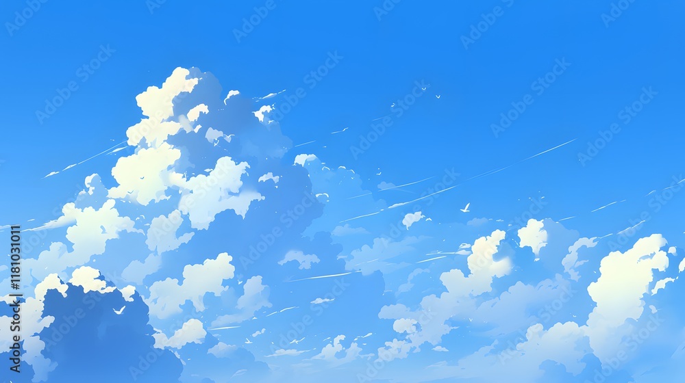 Blue sky with cartoon clouds in an anime-style cloudscape, calm and serene