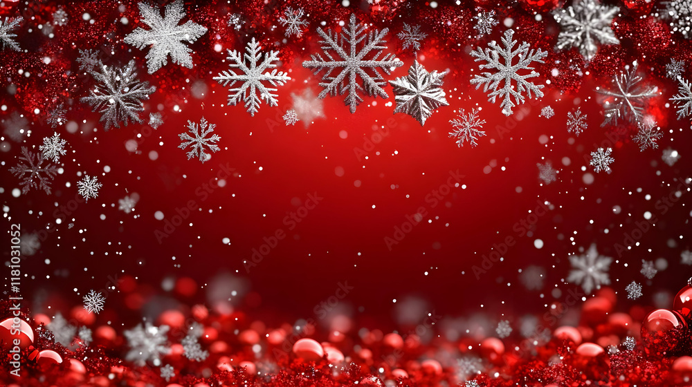 Silver snowflakes falling gracefully on a vibrant red Christmas background with bokeh effect. Silver snowflakes falling gracefully on a vibrant red Christmas background with bokeh effect.