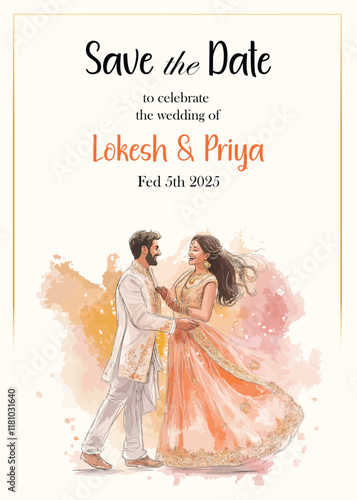 Modern Wedding Invitation Card Design with bride and groom 