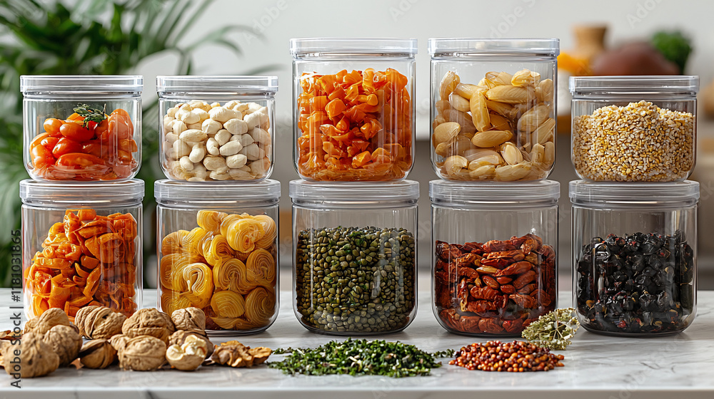 Assorted dried fruits, nuts, and beans in clear storage containers. Assorted dried fruits, nuts, and beans in clear storage containers.