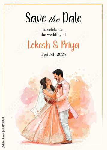 Modern Wedding Invitation Card Design with bride and groom 