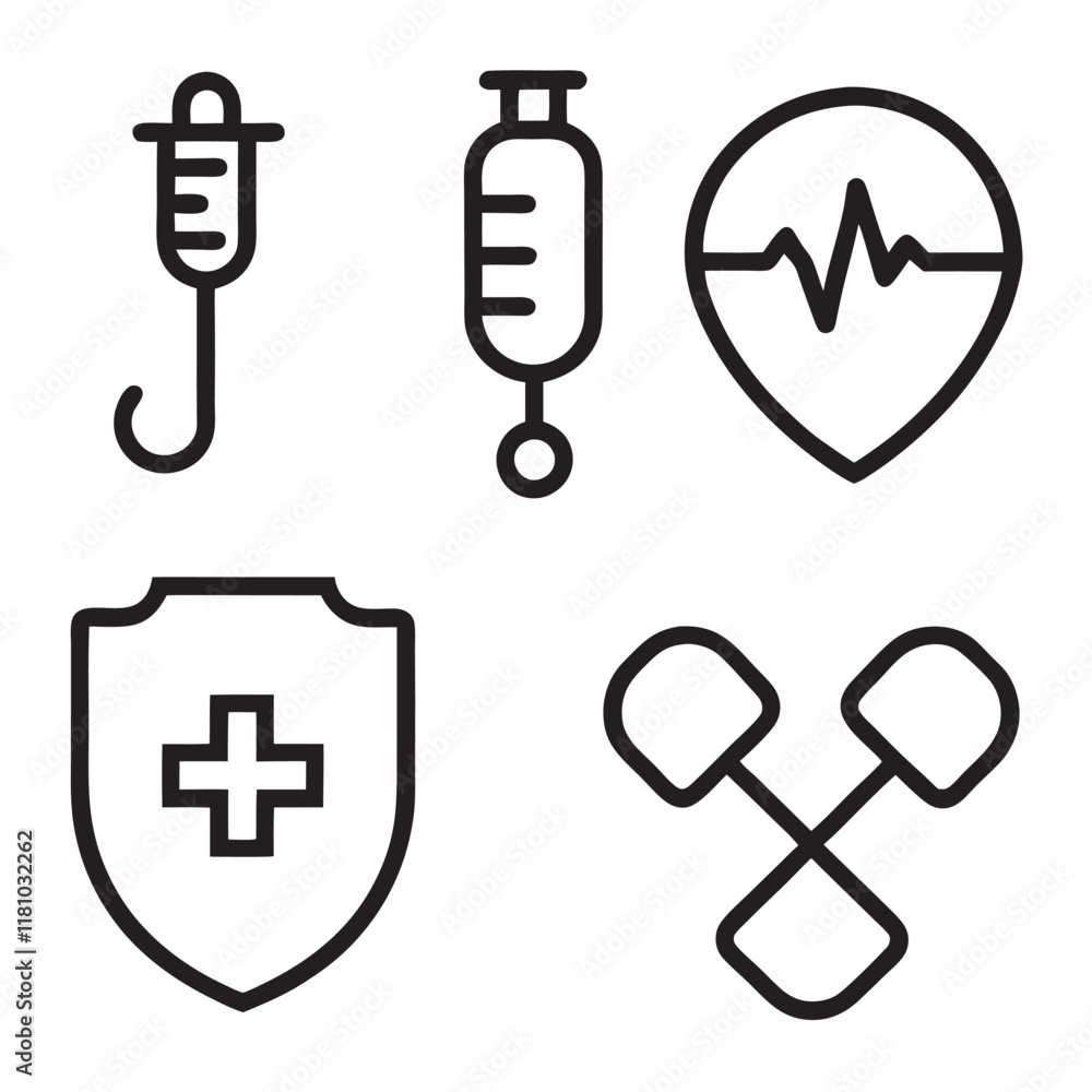 Obraz premium set of medical equipment (heart,bag,medical icon, injection, heart signal, medicine bottle) icon line art vector illustration on white background.