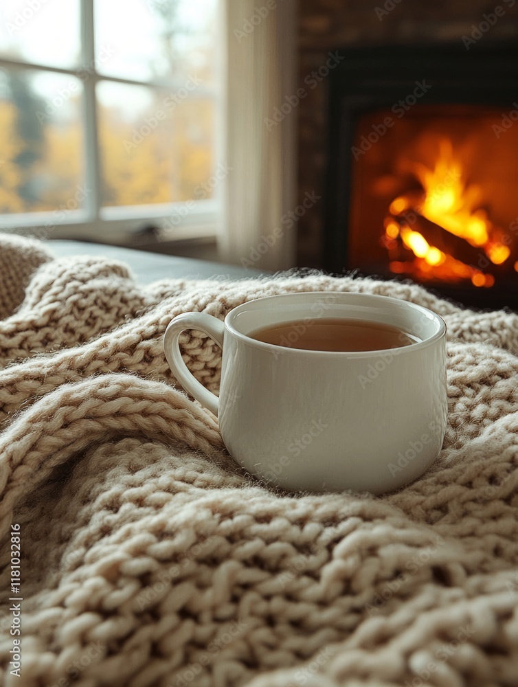 Fototapeta premium Hot cappuccino warming on cozy blanket near fireplace in autumn