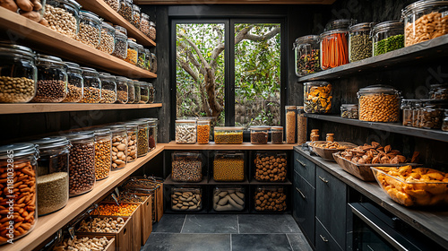 Organized pantry with various dried foods in glass jars and containers.