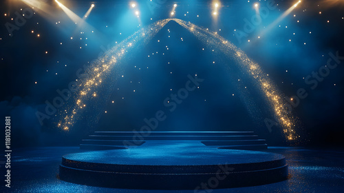 3D Illustration of Dark Blue Stage with Golden Spotlight Lines and Glitter Texture for Award Ceremony Design. photo