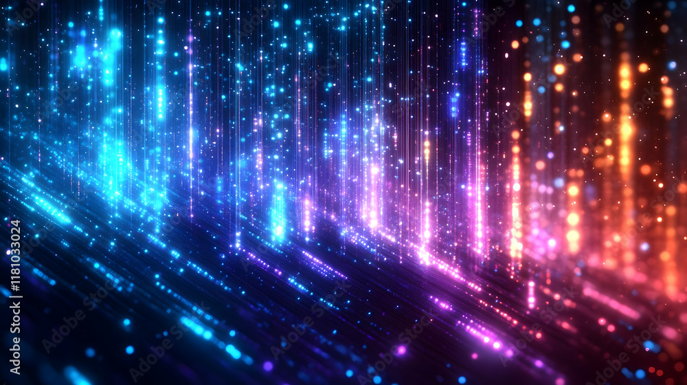 Abstract Background with Glowing Neon Lights and Particles Dynamically Flowing Downward Abstract Background with Glowing Neon Lights and Particles Dynamically Flowing Downward