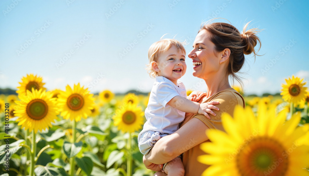 Mother smiling with baby in sunflower field Mother smiling with baby in sunflower field