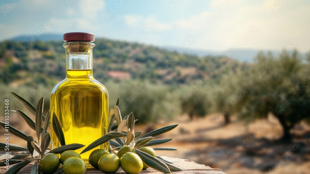 Olive oil and pure quality, A rustic bottle of olive oil rests on a wooden surface, accompanied by fresh olives, with sunlit olive groves in the background. Olive oil and pure quality, A rustic bottle of olive oil rests on a wooden surface, accompanied by fresh olives, with sunlit olive groves in the background.