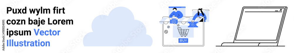 Cloud icon and two people using an e-commerce platform, interacting online with shopping cart and checkout. Ideal for e-commerce, cloud computing, online shopping, digital marketing, customer Cloud icon and two people using an e-commerce platform, interacting online with shopping cart and checkout. Ideal for e-commerce, cloud computing, online shopping, digital marketing, customer