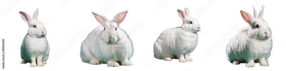Four adorable white rabbits showcasing diverse poses Four adorable white rabbits showcasing diverse poses