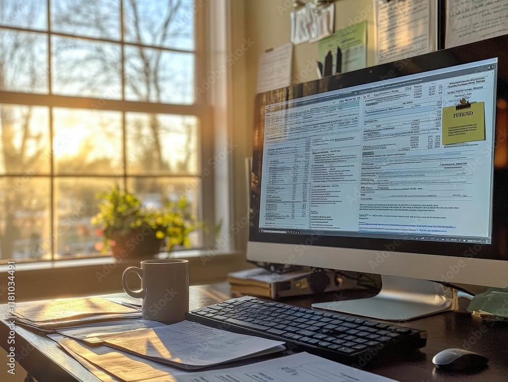 Organized home office workspace with tax forms and computer in natural light Organized home office workspace with tax forms and computer in natural light