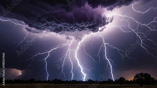 Wallpaper Mural  Bright blue sky, dark silhouette tree, vibrant lightning bolt, panoramic thunderstorms illuminate night skies in kirlian photography brilliance Torontodigital.ca