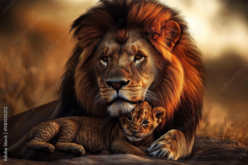 Fototapeta premium A heartwarming bond between a male lion and his cub.